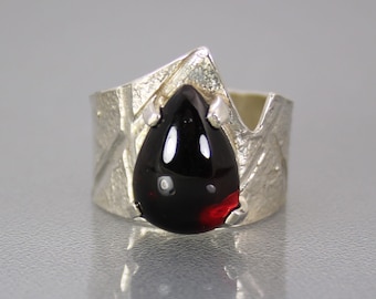 Genuine Red Garnet Ring, Modern Garnet Designer Ring, Contemporary Handmade Gift for Her, Unique Sterling Silver Ring Size 7