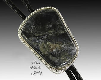 Custom Handcrafted Wedding Bolo Tie, Unique Golden Midnight Black Agate & Pyrite Stone Bolo Tie for Men or Women, Modern Designer Bolo Tie