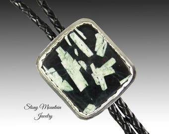 Designer Bolo Tie Chinese Writing Stone Bolo Tie, Custom Handcrafted Wedding Bolo Tie, Unique Sterling Silver Porphyry Fossil Bolo Tie