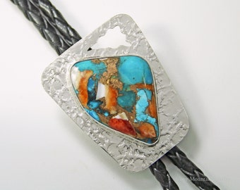 Spiny Oyster & Kingman Turquoise Bolo Tie for Men or Women, Unique Handmade Western Bolo Tie, Sterling Silver Stone Bolo Tie