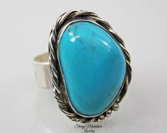 Large Turquoise Ring, Artistic Handmade Pinto Valley Turquoise Ring, Modern Sterling Silver Wide Band Turquoise Cocktail Ring
