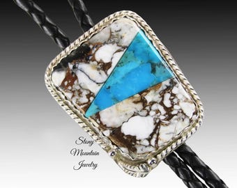 Custom Inlay Bolo Tie, Designer Bolo Tie with Matrix White Buffalo & Turquoise, One of a Kind Wedding Bolo Tie, Great Western Gift