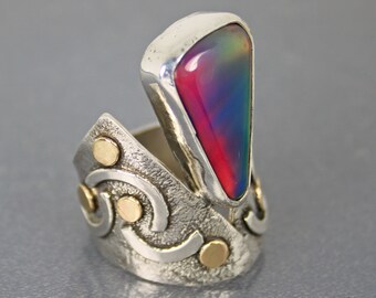 Modern Mixed Metal Wide Band Ring, Contemporary Aurora Opal Designer Ring, Unique One of a Kind Cocktail Ring, Created Aurora Borealis Opal