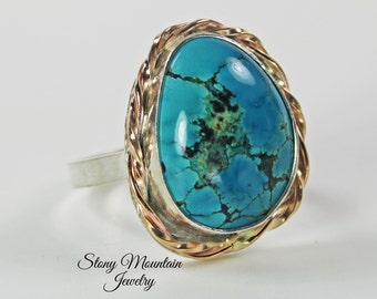 Turquoise Ring, Large Turquoise Mixed Metal Ring, Handmade Modern Sterling Silver & 14kt Gold Fill Turquoise Cocktail Ring