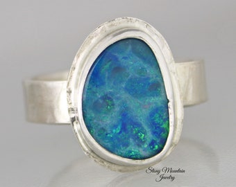 Australian Boulder Opal Ring, Handmade Genuine Australian Opal Ring, Unique Natural Blue Opal Statement Ring