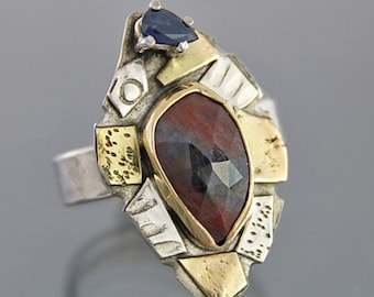 Rose Cut Sapphire Ring, One of a Kind Contemporary Mixed Metal Sapphire Designer Ring, Handmade Blue & Red Natural Sapphire Cocktail Ring