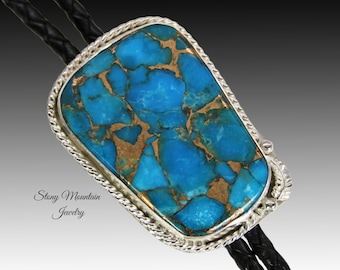 Mohave Blue Turquoise Bolo Tie, Custom Handcrafted Wedding Bolo Tie, Kingman Turquoise Matrix Stone Bolo Tie for Men or Women