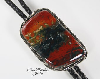 Unique Handmade Designer Bolo Tie, Large One of a Kind Bloodstone Bolo Tie for Men & Women, Custom Sterling Silver Wedding Bolo Tie