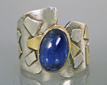 Elegant Blue Kyanite Ring One of a Kind Modern Genuine Kyanite Designer Ring, Large Contemporary Mixed Metal Cocktail Ring