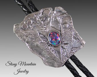 Sterling Silver Bolo Tie, Unique Sculptural Wedding Bolo Tie, One of a Kind Handcrafted Modern Custom Boulder Opal Bolo Tie for Men & Women