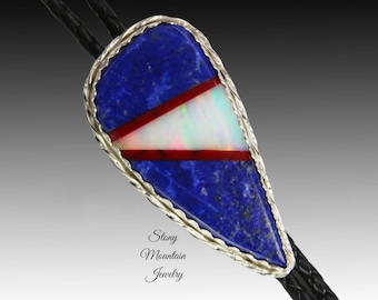 Custom Inlay Bolo Tie, Designer Bolo Tie with Lapis Lazuli, Aurora Opal & Red Coral Intarsia, One of a Kind Wedding Bolo Tie, Great Gift