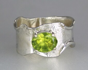 Genuine Peridot Ring, Handmade One of a Kind Reticulated Sterling Silver Ring, Wide Band Designer Peridot Ring