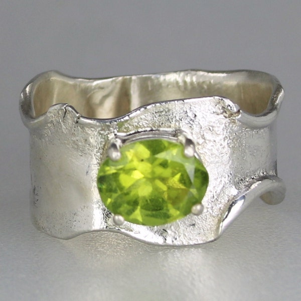 Genuine Peridot Ring, Handmade One of a Kind Reticulated Sterling Silver Ring, Wide Band Designer Peridot Ring