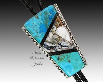 Turquoise Inlay Bolo Tie, Custom Designer Bolo Tie with White Buffalo Matrix, Kingman Turquoise & Black Jade, One of a Kind Wedding Bolo Tie