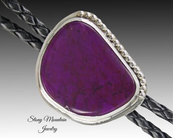 Designer Bolo Tie, Unique Handcrafted Sugilite Bolo Tie for Men or Women, Custom Sterling Silver Wedding Bolo Tie, Fathers Day Gift