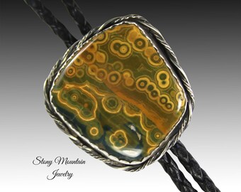 Unique Handcrafted Bolo Tie, Large Ocean Jasper Bolo Tie for Men or Women, Custom Wedding Bolo Tie, Sterling Silver Bolo Tie, Gift For Dad