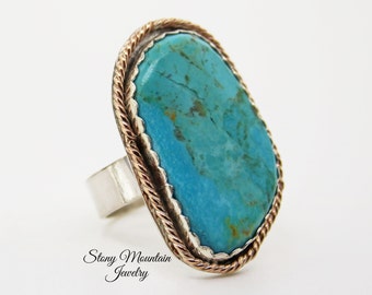 Kingman Turquoise Ring, Large Turquoise Mixed Metal Ring, Handmade Modern Sterling Silver & 14kt Gold Fill Turquoise Cocktail Ring