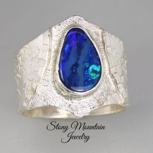 Australian Boulder Opal Ring, Handmade Genuine Australian Opal Ring, Unique Sterling Silver Natural Blue Opal Cocktail Ring