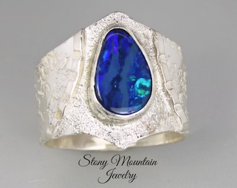 Australian Boulder Opal Ring, Handmade Genuine Australian Opal Ring, Unique Sterling Silver Natural Blue Opal Cocktail Ring