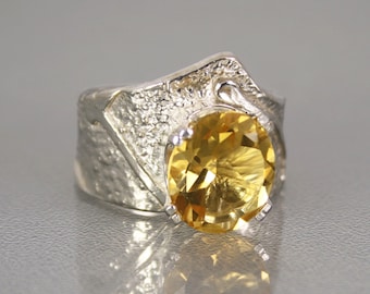 Genuine Citrine Ring, Unique Modern Golden Citrine Ring, Artistic Elegant Sterling Silver Cocktail Ring Size 7.25