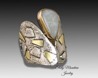 White Australian Opal Designer Ring, One of a Kind Modern Mixed Metal Cocktail Ring, Contemporary Jewwlry, Unique Wide Opal Statement Ring