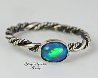 Flashy Opal Ring, Sterling Silver Stacking Ring, Solitaire Rings, Opal Wedding Ring, Engagment Ring, Promise Ring, Gift for Her Size 7 1/4