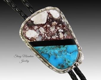 Turquoise Inlay Bolo Tie with Wild Horse Magnesite & Black Jade, Custom Designer Wedding Bolo Ties for Men or Women, Unique Gift