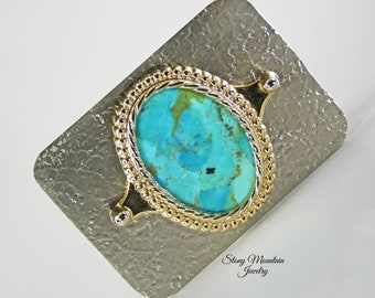 Handmade Turquoise Belt Buckle, Unique Mohave Blue & Kingman Turquoise Matrix Belt Buckle, Modern Stone Belt Buckle for Men or Women