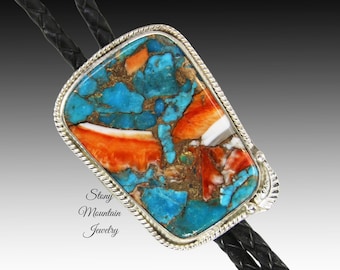 Turquoise Bolo Tie, Custom Handcrafted Wedding Bolo Tie, Kingman Turquoise & Spiny Oyster Stone Bolo Tie for Men or Women, Western Gift