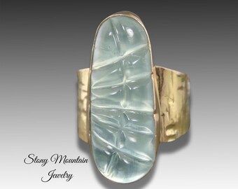 Natural Aquamarine Ring, One of a Kind Hand Carved Aquamarine Cocktail Ring, Rare Genuine Cats Eye Aquamarine Designer Ring
