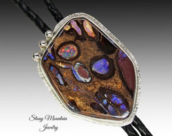 Australian Opal Bolo Tie, One of a Kind Opal Bolo Tie for Men or Women, Unique Handcrafted Wedding Bolo Ties, Sterling Silver Bolo Tie