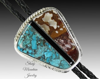 Turquoise Inlay Bolo Tie with Wild Horse Magnesite & Black Agate, Custom Designer Wedding Bolo Ties for Men or Women, Unique Gift