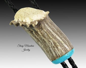 Antler Bolo Tie with Turquoise, One of a Kind Handcrafted Natural Shed Deer Antler Bolo Ties for Men & Women, Unique Western Bolo Tie