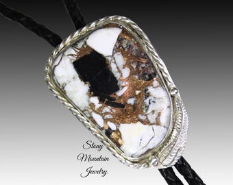 White Buffalo Bolo Tie in Sterling Silver, Western Wedding Bolo Tie, Unique White Buffalo & Bronze Matrix Custom Design Feather Collection