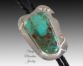 Blue Heron Turquoise Bolo Tie, Unique Wedding Bolo Tie, Modern Handcrafted Sterling Silver Designer Bolo Ties for Men & Women, Western Tie