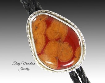 One of a Kind Designer Bolo Tie, Unique Custom Wedding Bolo Tie, Handcrafted Sterling Silver Poppy Jasper Bolo Tie for Men or Women