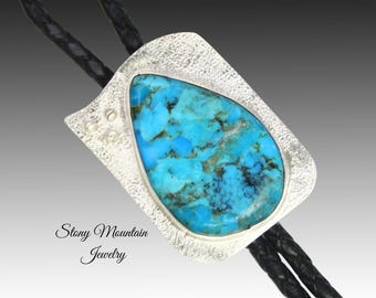 Kingman Turquoise Bolo Tie, One of a Kind Custom Wedding Bolo Tie, Sterling Silver Bolo Ties for Men & Women, Handcrafted Western Gift