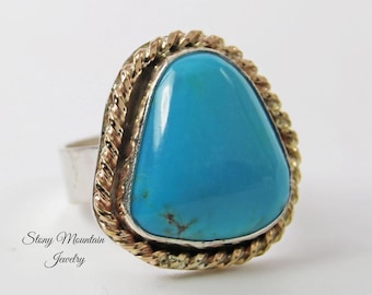 Pinto Valley Turquoise Ring, Large Turquoise Mixed Metal Ring, Handmade Modern Sterling Silver & 14kt Gold Fill Turquoise Cocktail Ring