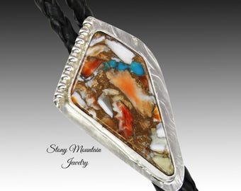 Spiny Oyster & Kingman Turquoise Bolo Tie for Men or Women, Custom Wedding Bolo Ties, Handcrafted Sterling Silver Western Bolo Tie