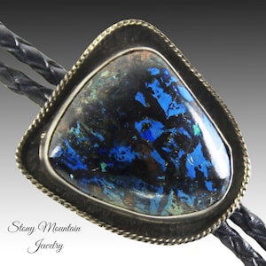 Designer Bolo Tie, Custom Azurite Stone Bolo Tie, Handcrafted Sterling Silver Wedding Bolo Tie, Unique Bolo Ties for Men or Women, Gift idea