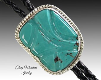 Kingman Turquoise Bolo Tie, Unique Hand Carved Turquoise Wedding Bolo Tie,  Handcrafted Sterling Silver Bolo Ties for Men & Women