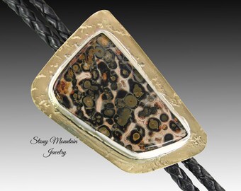 Handcrafted Custom Bolo Tie, Unique Brass & Sterling Silver Wedding Bolo Tie, Leopard Jasper Bolo Tie for Men or Women, Gift For Dad