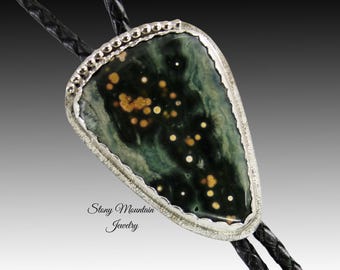 One of a Kind Designer Bolo Tie, Unique Handcrafted Ocean Jasper Bolo Tie for Men or Women, Custom Sterling Silver Wedding Bolo Ties