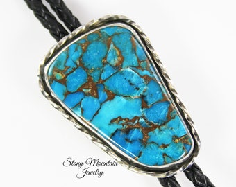 Mohave Blue Turquoise Bolo Tie, Custom Handmade Wedding Bolo Tie, Kingman Turquoise & Bronze Stone Bolo Ties for Men or Women