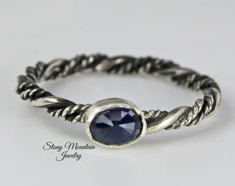 Rose Cut Sapphire Ring, Sterling Silver Stacking Solitaire Rings, Blue Sapphire Wedding Ring, Engagment Ring, Promise Ring, Unique Gift