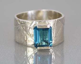 Blue Topaz Ring, Modern Sculptural 2ct Blue Topaz Designer Ring, Contemporary Handmade Anniversary Gift for Her, Unique Wide Ring Size 7.5