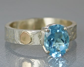 Blue Topaz Ring, Modern Mixed Metal Swiss Blue Topaz Designer Ring, Contemporary Handmade Anniversary Gift for Her, Unique Wedding Ring