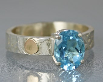 Genuine Blue Topaz Ring, Contemporary Mixed Metal Swiss Blue Topaz Designer Ring, November Birthstone