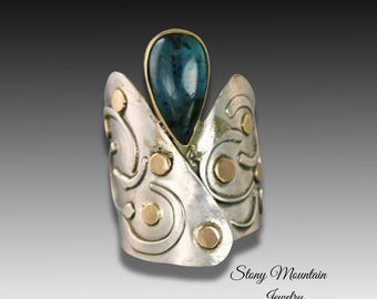 Unique Modern Indicolite Tourmaline Designer Ring, Contemporary Jewelry, Mixed Metal Gemstone Ring, One of a Kind Wide Cocktail Ring