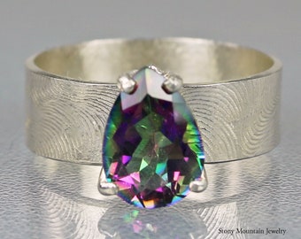 Mystic Topaz Ring, Contemporary Sterling Silver Mystic Fire Topaz Solitaire Ring, Wide Band Designer Ring